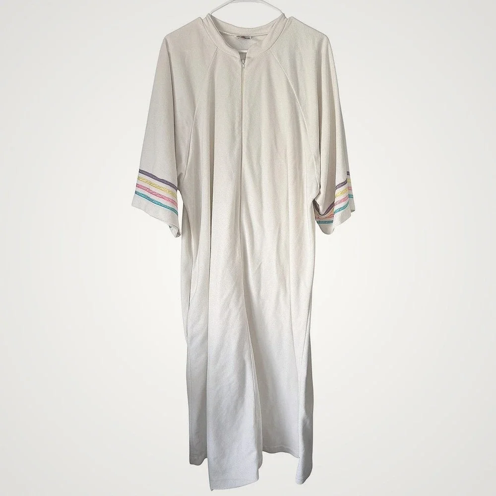 Vintage Rainbow Fashions Cream Velour Zip Caftan Robe Rainbow Trim‎ OS